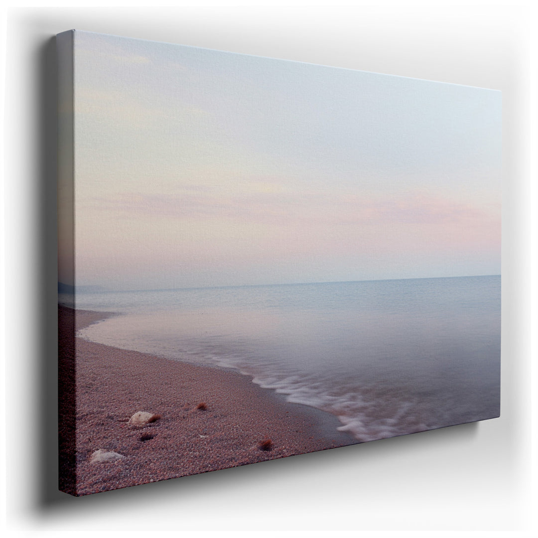 canvas print on wrapped canvas for wall decor – This exquisite wall art offers a tranquil depiction of a serene seaside at dawn, masterfully capturing the gentle dance...