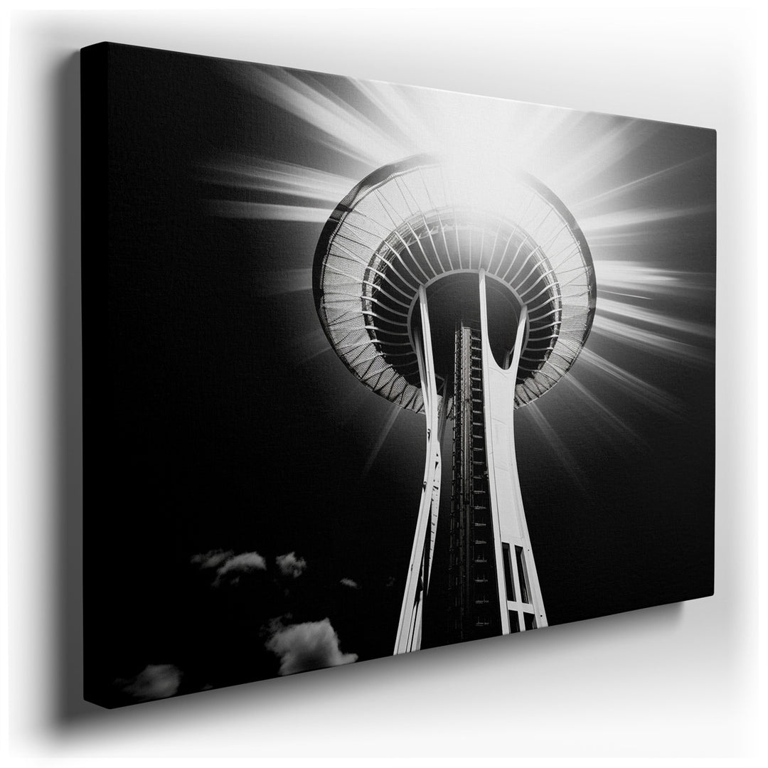 canvas print on wrapped canvas for wall decor – This captivating wall art presents a dramatic and elegant portrayal of the iconic Seattle Space Needle, rendered in a st...