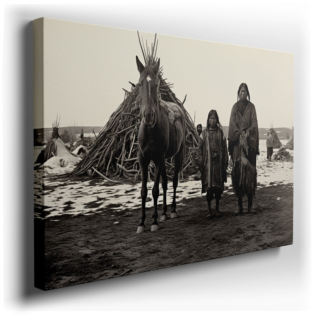 canvas print on wrapped canvas for wall decor – This wall art, steeped in sepia tones, captures a poignant moment from a bygone era, portraying two individuals alongsid...