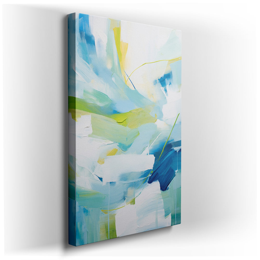 canvas print on wrapped canvas for wall decor – This exquisite wall art, characterized by its serene abstract composition, masterfully employs a palette of soft blues a...