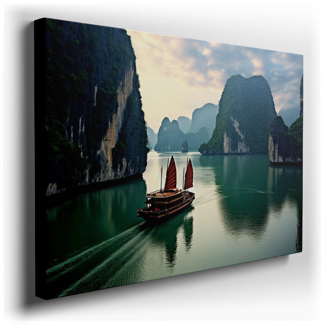 canvas print on wrapped canvas for wall decor – The wall art captures a traditional Vietnamese junk boat as it sails through the awe-inspiring landscape of Halong Bay,...