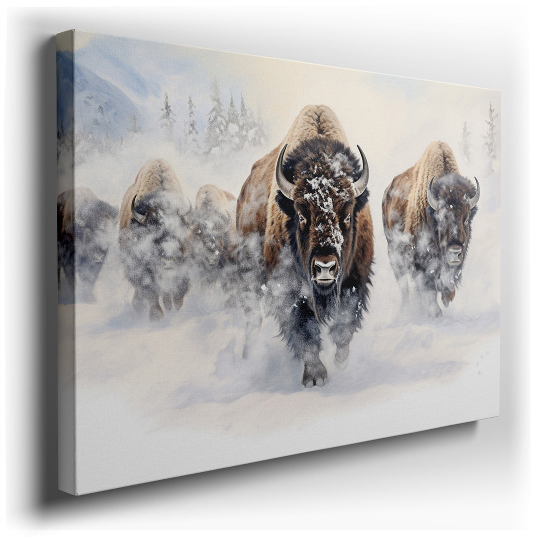 canvas print on wrapped canvas for wall decor – This evocative wall art captures a powerful scene of nature's raw beauty and resilience, depicting a herd of bison as th...