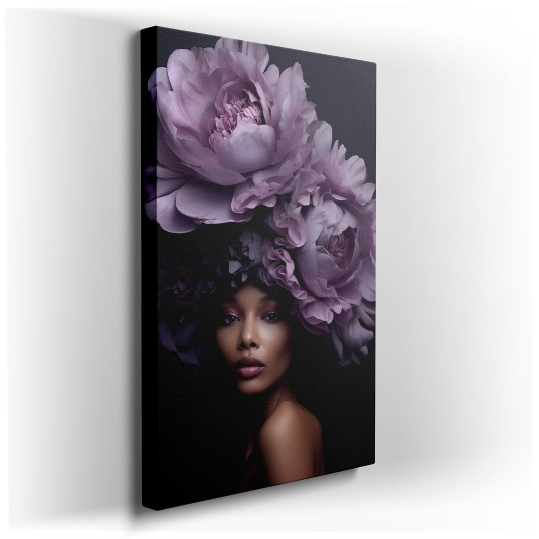 canvas print on wrapped canvas for wall decor – This captivating wall art portrays a woman whose ethereal beauty is magnified by an exquisite peony floral headpiece, cr...