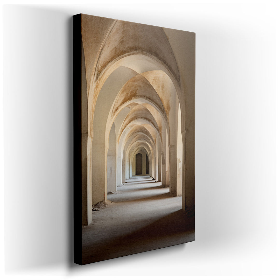 canvas print on wrapped canvas for wall decor – This wall art masterfully captures the essence of an ancient arched corridor, enveloped in a serene ambiance that is bot...