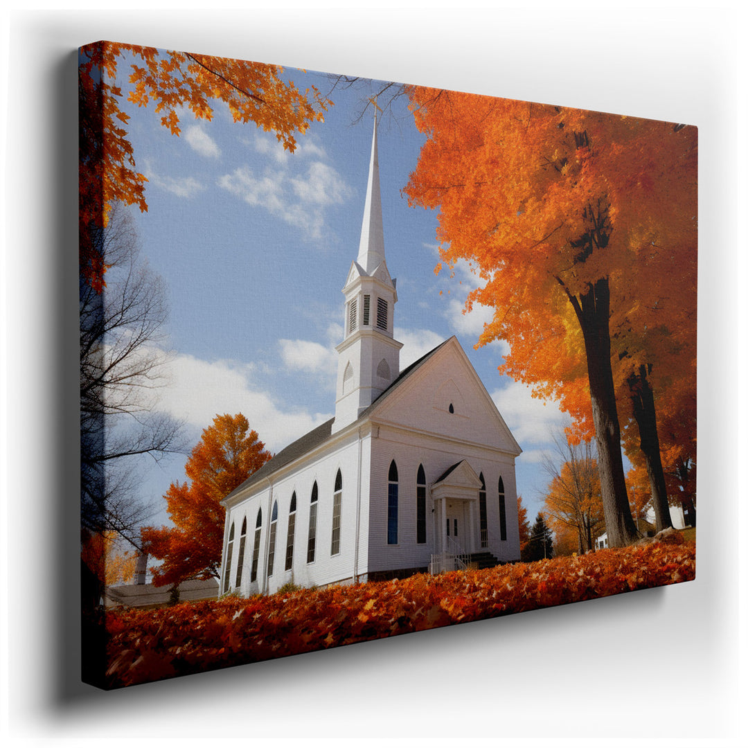 canvas print on wrapped canvas for wall decor – This enchanting wall art captures the essence of a serene autumn day, featuring a quaint white church nestled among a bu...