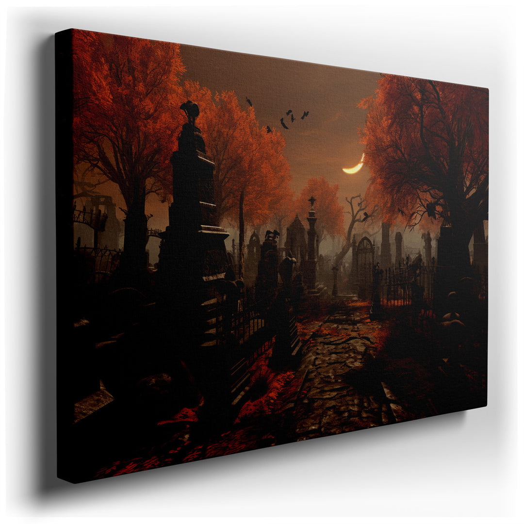 canvas print on wrapped canvas for wall decor – This evocative wall art captures a serene yet somber scene set within the confines of a desolate cemetery. The pathway,...