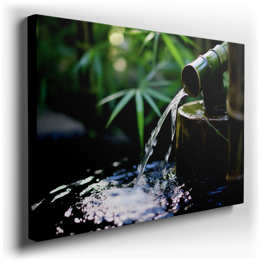 canvas print on wrapped canvas for wall decor – This wall art, a masterful depiction of tranquility and natural beauty, portrays an elegant bamboo water feature, its sl...