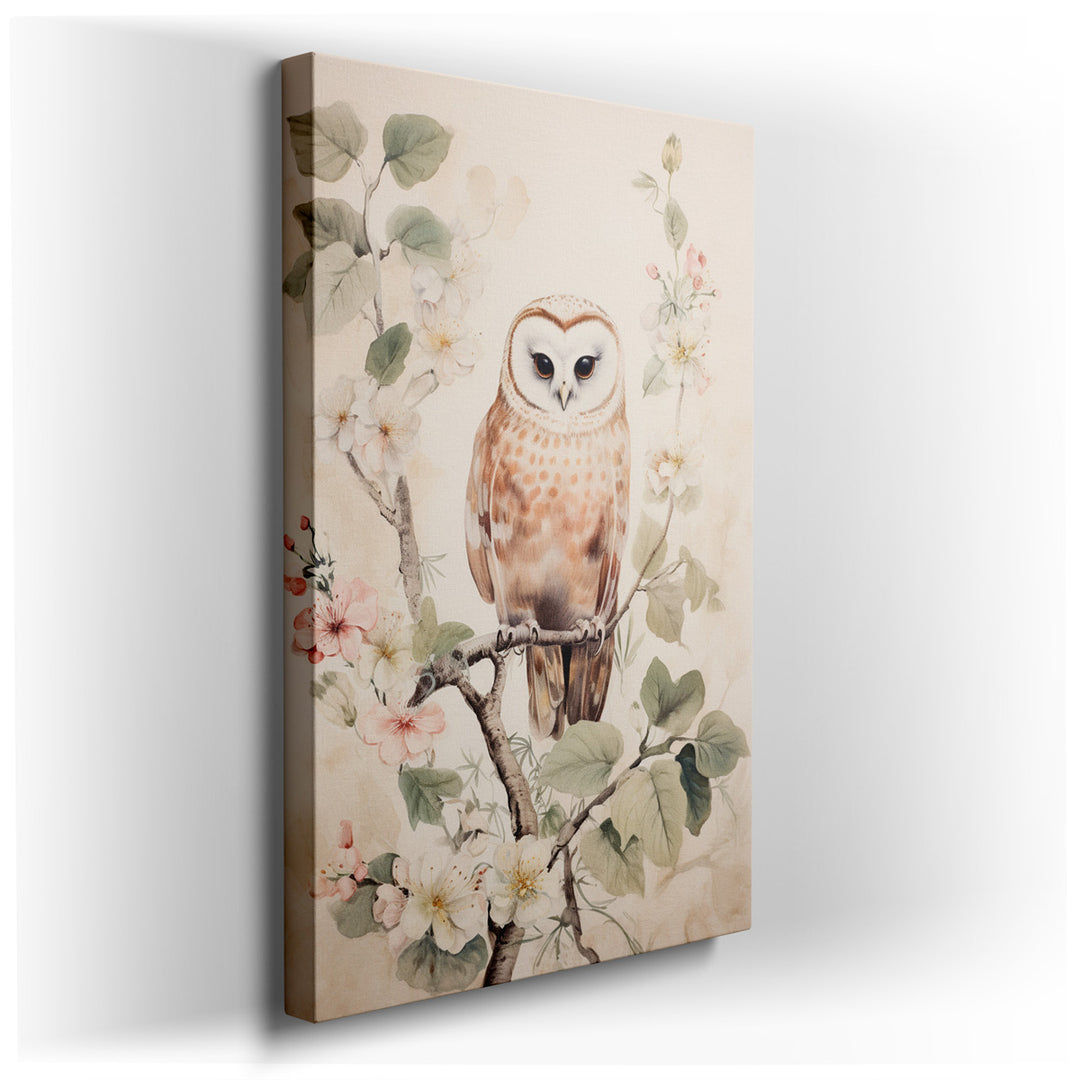 canvas print on wrapped canvas for wall decor – This exquisite wall art captures the serene beauty of a barn owl perched delicately on a flowering branch, embodying the...