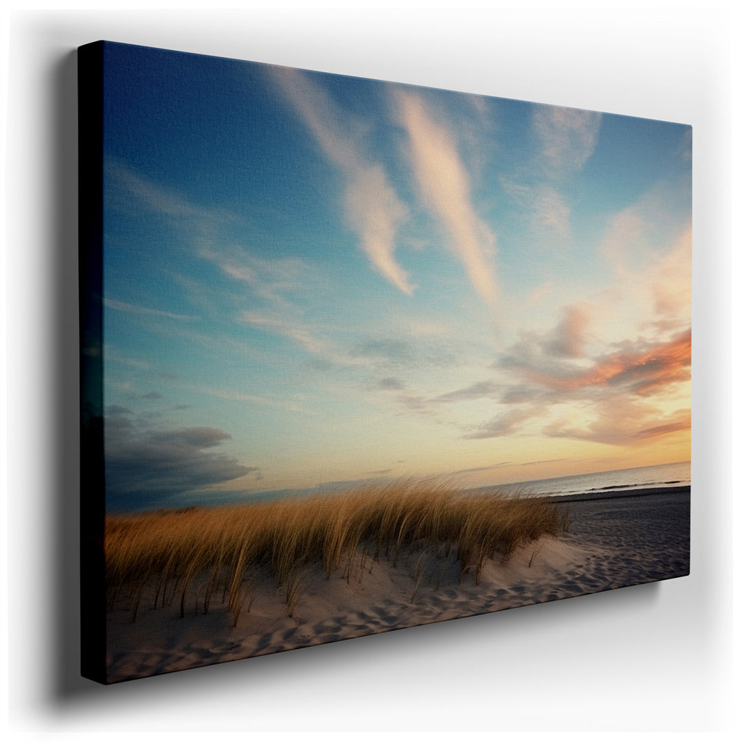 canvas print on wrapped canvas for wall decor – This exquisite wall art portrays a serene beach scene at dawn, masterfully capturing the essence of the early morning tr...