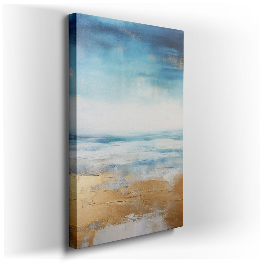 canvas print on wrapped canvas for wall decor – This wall art, a serene depiction of a tranquil beach scene, masterfully captures the harmonious blend of golden sand me...