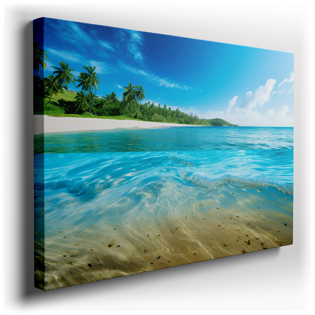 canvas print on wrapped canvas for wall decor – This exquisite wall art offers a breathtaking depiction of a tranquil beach scene, where the calm aqua waters gently kis...