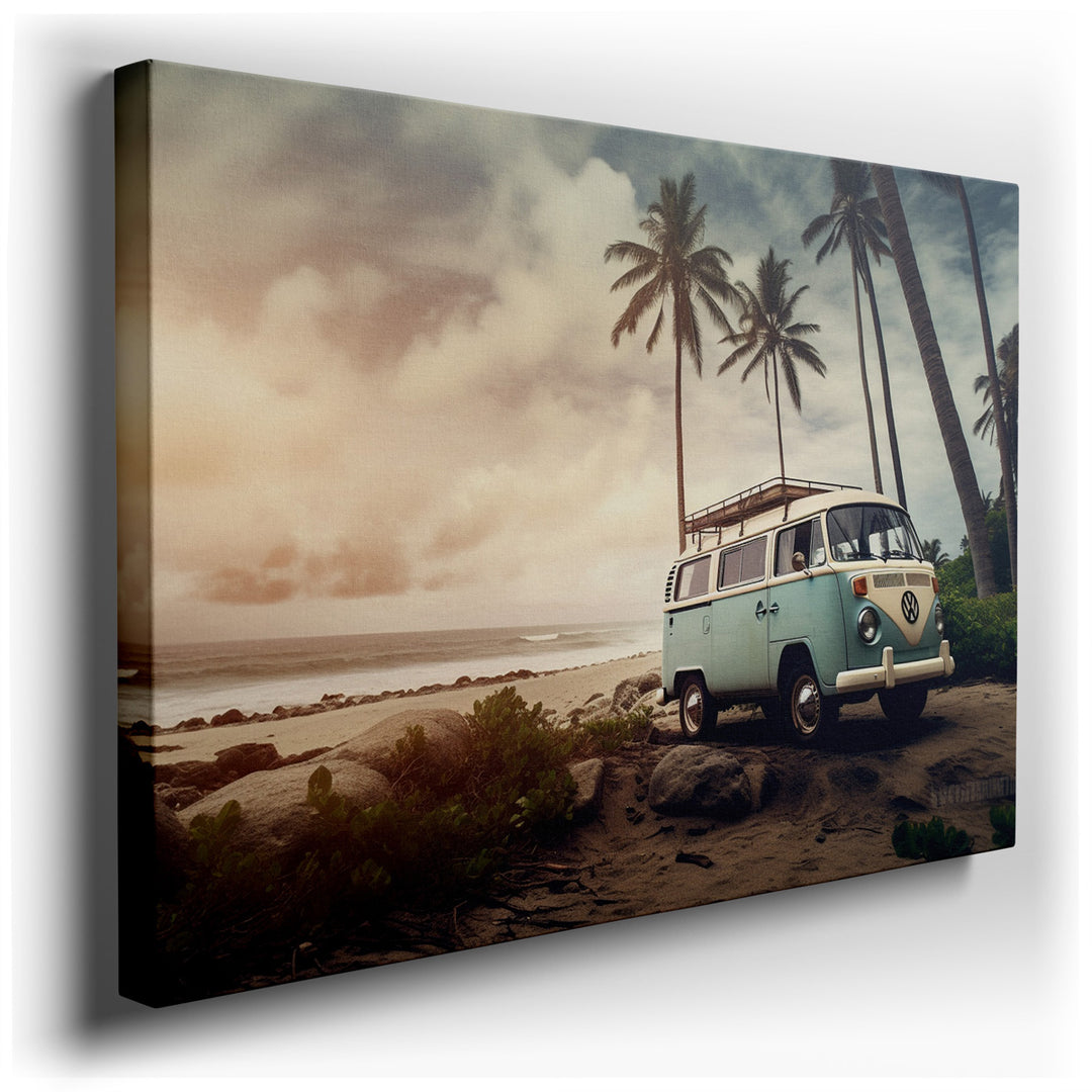 canvas print on wrapped canvas for wall decor – This wall art captures a serene and inviting scene that is both timeless and evocative, featuring a classic VW van parke...