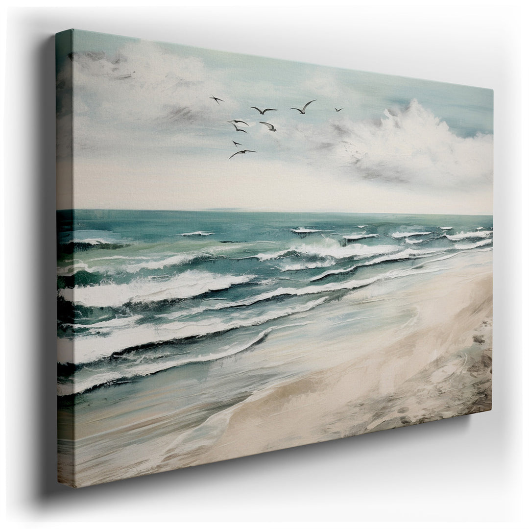 canvas print on wrapped canvas for wall decor – This enchanting wall art captures a tranquil beach scene, where gentle waves softly roll onto the sandy shore, creating...