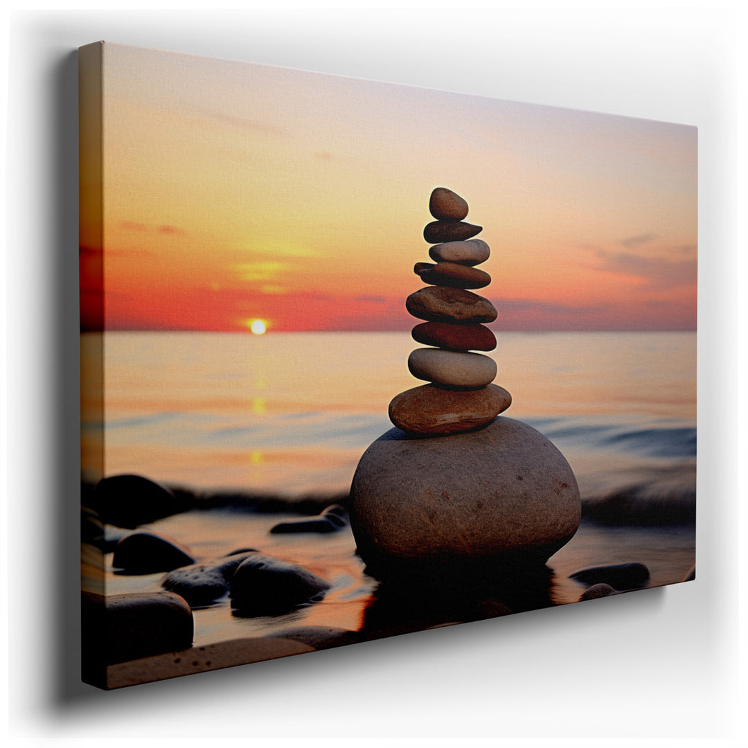 canvas print on wrapped canvas for wall decor – This wall art, a serene depiction of carefully stacked stones on a beach at dusk, is a masterpiece of tranquility and ba...