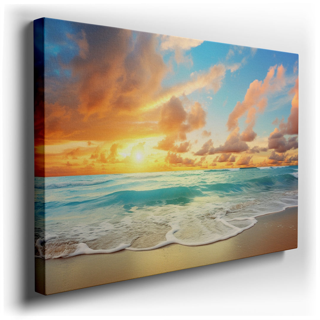 canvas print on wrapped canvas for wall decor – This wall art, a masterful depiction of a serene beach at sunrise, is an exquisite representation of nature's quiet morn...