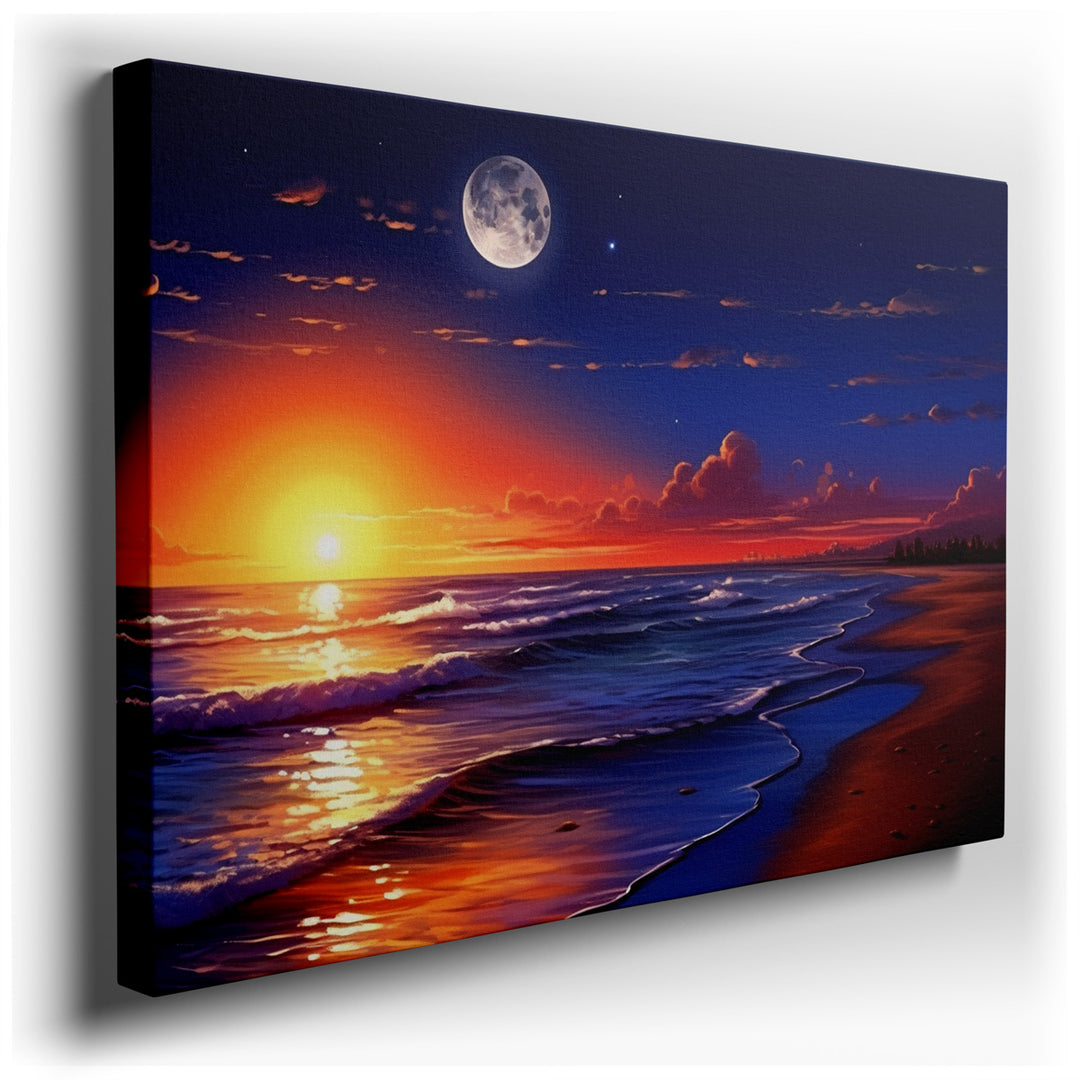 canvas print on wrapped canvas for wall decor – This enchanting wall art captures the sublime beauty of a beach sunset, where the horizon kisses the ocean under the wat...