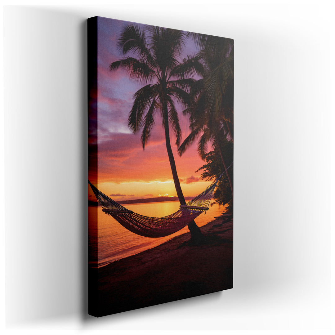 canvas print on wrapped canvas for wall decor – This exquisite wall art portrays a serene beach scene at sunset, masterfully capturing the essence of tranquility and na...