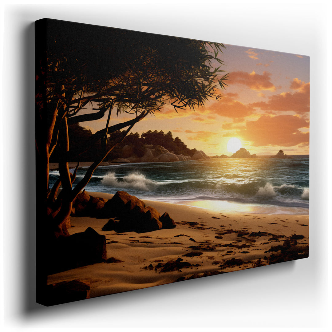 canvas print on wrapped canvas for wall decor – This exquisite wall art of a beach sunset masterfully encapsulates the serene allure of a coastal landscape at dusk. As...