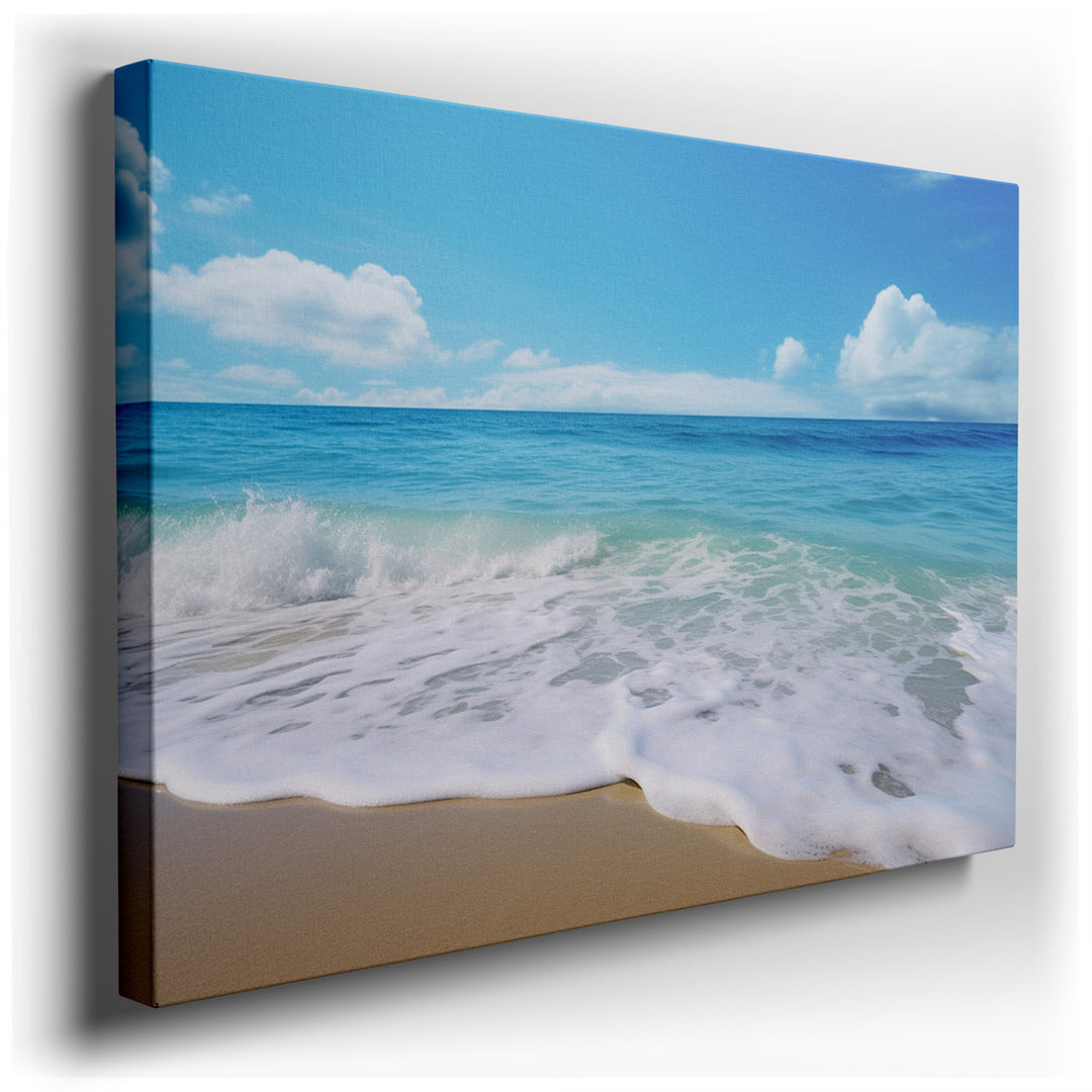 canvas print on wrapped canvas for wall decor – This enchanting wall art captures the quintessential beauty of a serene beachscape, where the crystal-clear waters of th...