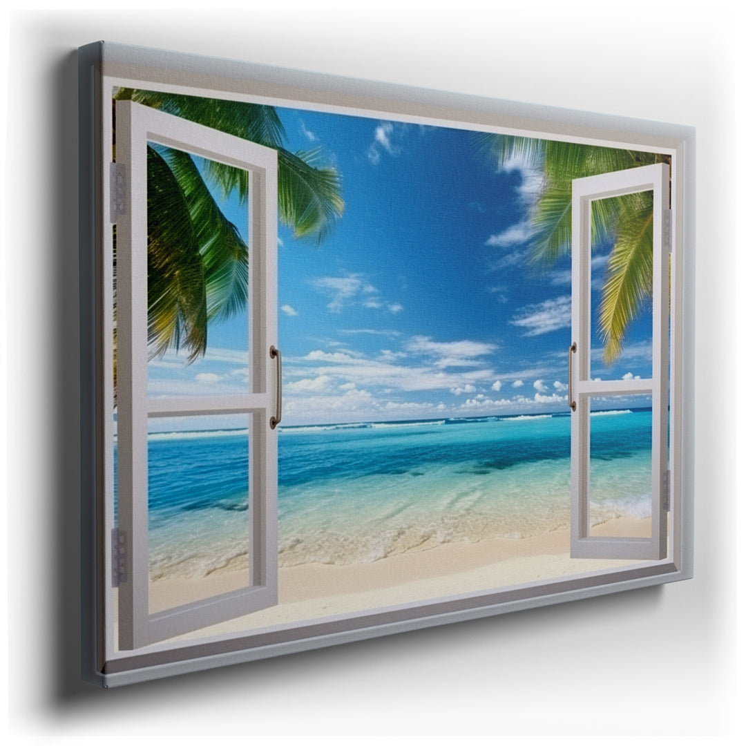 canvas print on wrapped canvas for wall decor – This enchanting wall art captures the essence of a serene beachside paradise, viewed through the inviting perspective of...