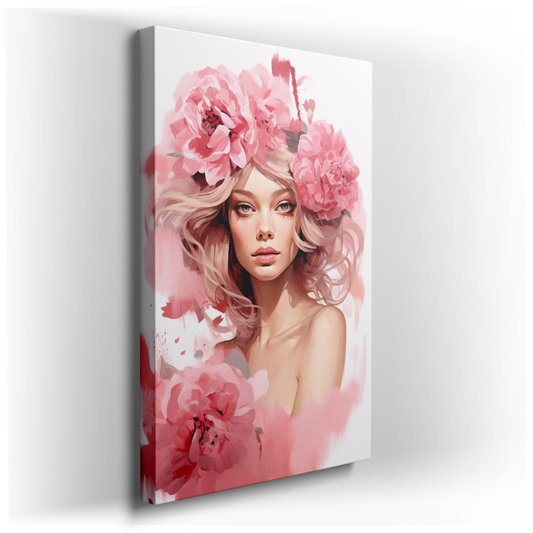 canvas print on wrapped canvas for wall decor – This enchanting wall art portrays a young woman, her visage a serene composition of grace and beauty, surrounded by a ca...