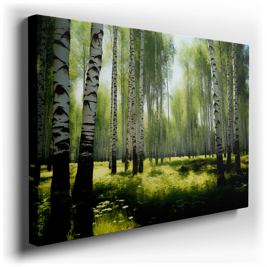 canvas print on wrapped canvas for wall decor – This exquisite wall art captures the serene and invigorating essence of a lush green birch forest, a masterpiece that br...