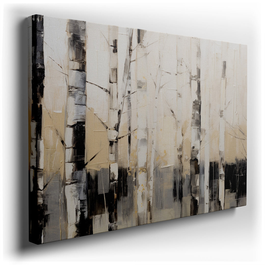 canvas print on wrapped canvas for wall decor – This modern abstract wall art presents a captivating interpretation of nature through its depiction of stark birch trees...