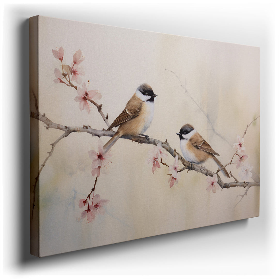 canvas print on wrapped canvas for wall decor – This enchanting wall art captures a serene moment in the heart of spring, featuring two charming birds delicately perche...