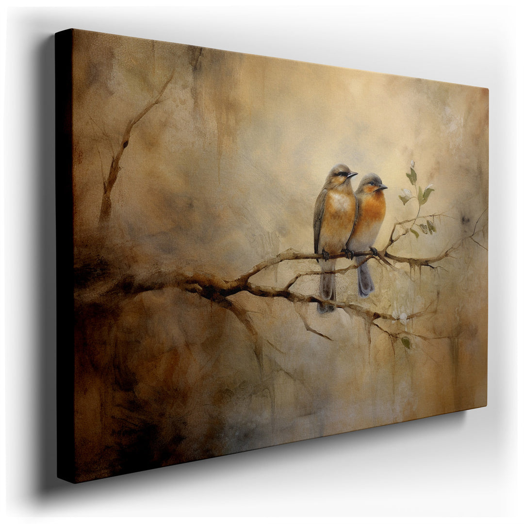 canvas print on wrapped canvas for wall decor – This exquisite wall art captures the serene beauty of nature through the depiction of two birds perched delicately on a...