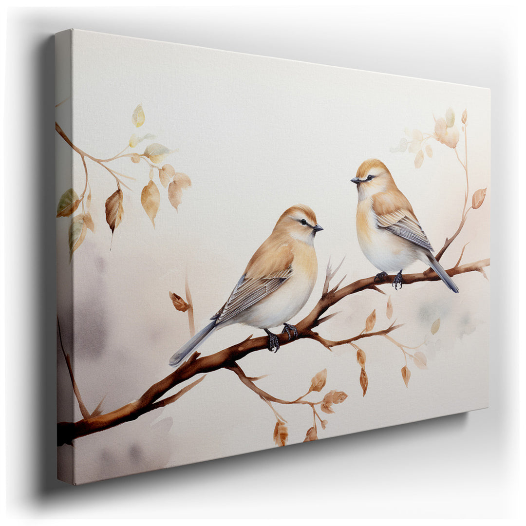 canvas print on wrapped canvas for wall decor – This enchanting wall art captures the serene and tender moment of two birds perched delicately on a branch, a scene that...