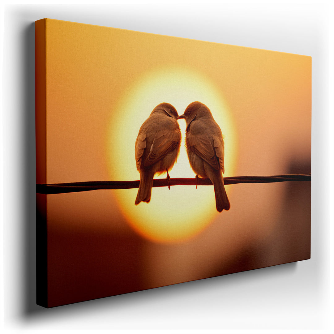 canvas print on wrapped canvas for wall decor – This enchanting wall art captures a serene moment shared between two small birds perched delicately on a wire, set again...