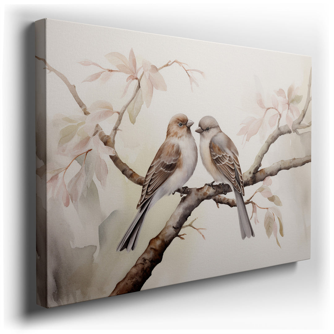 canvas print on wrapped canvas for wall decor – This exquisite watercolor wall art captures a serene moment in nature, featuring two charming birds perched delicately o...