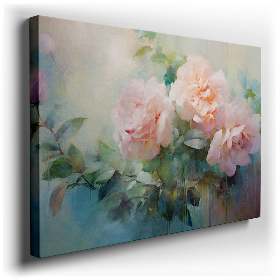 canvas print on wrapped canvas for wall decor – This exquisite wall art, a masterful composition of soft pink flowers set against a soothing backdrop of gentle greens a...