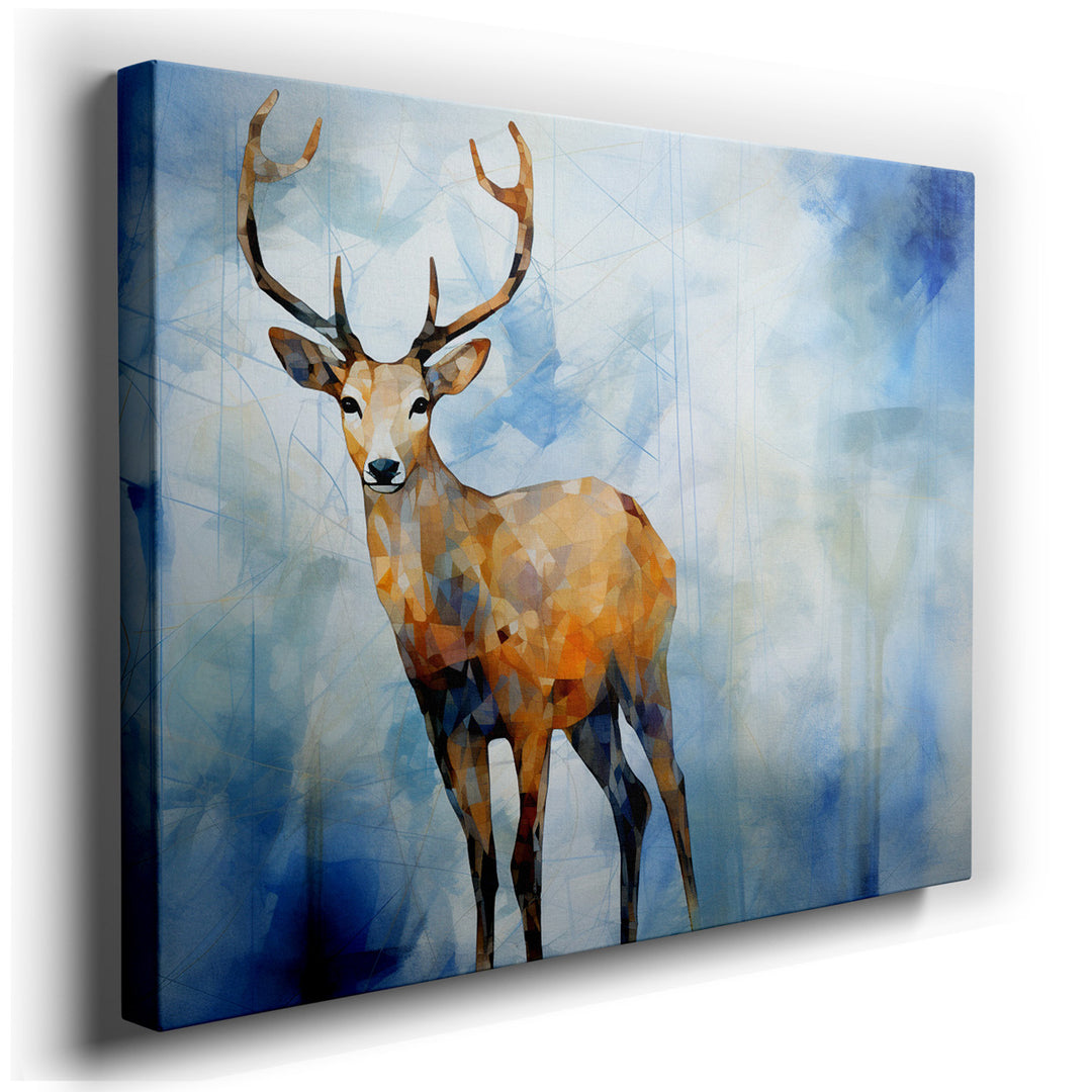 canvas print on wrapped canvas for wall decor – This captivating wall art, featuring an abstract depiction of a deer composed of polygonal shapes, exudes a tranquil and...