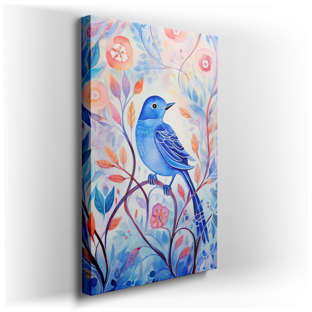 canvas print on wrapped canvas for wall decor – This exquisite watercolor wall art captures the serene beauty of a blue bird, delicately perched on a slender branch ami...