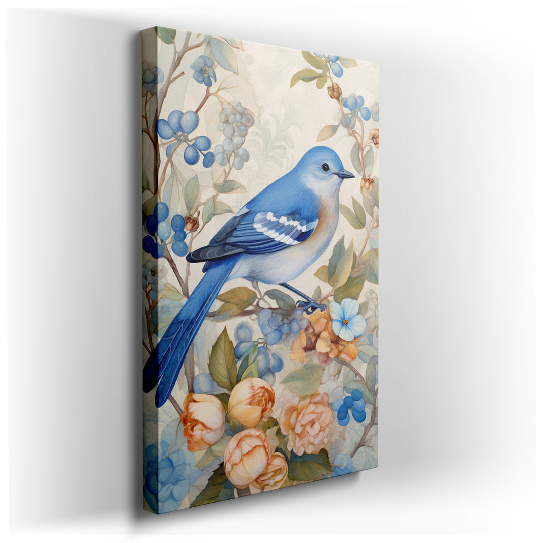 canvas print on wrapped canvas for wall decor – This exquisite wall art captures the serene essence of nature through the depiction of a tranquil blue bird nestled amon...