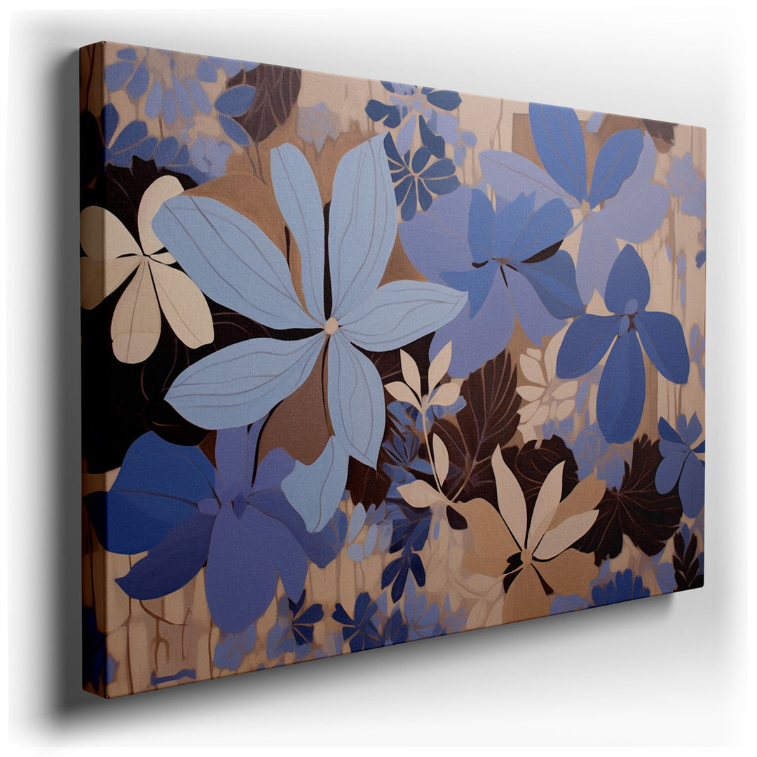 canvas print on wrapped canvas for wall decor – This exquisite wall art captures the serene beauty of a floral arrangement, predominantly featuring various shades of bl...
