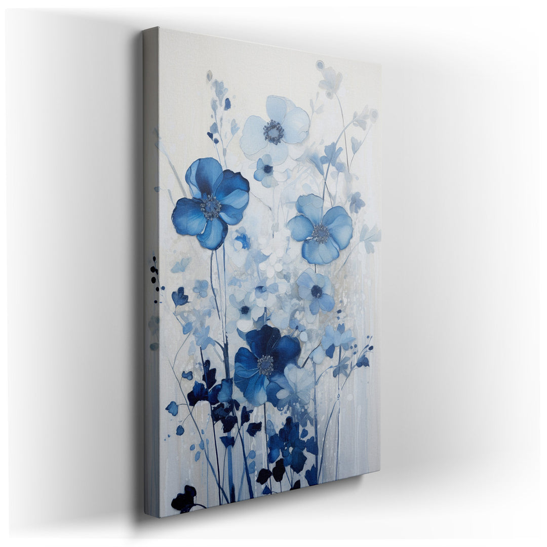 canvas print on wrapped canvas for wall decor – This exquisite wall art, with its serene composition of blue floral elements, offers a masterful portrayal of nature's s...