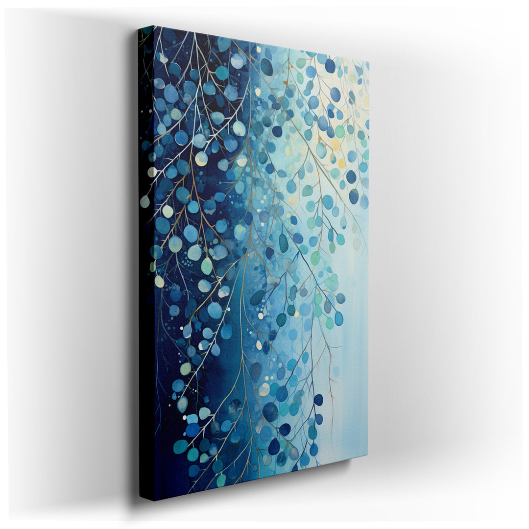 canvas print on wrapped canvas for wall decor – This exquisite wall art, characterized by its serene composition of leaves in varying shades of blue, embodies tranquili...