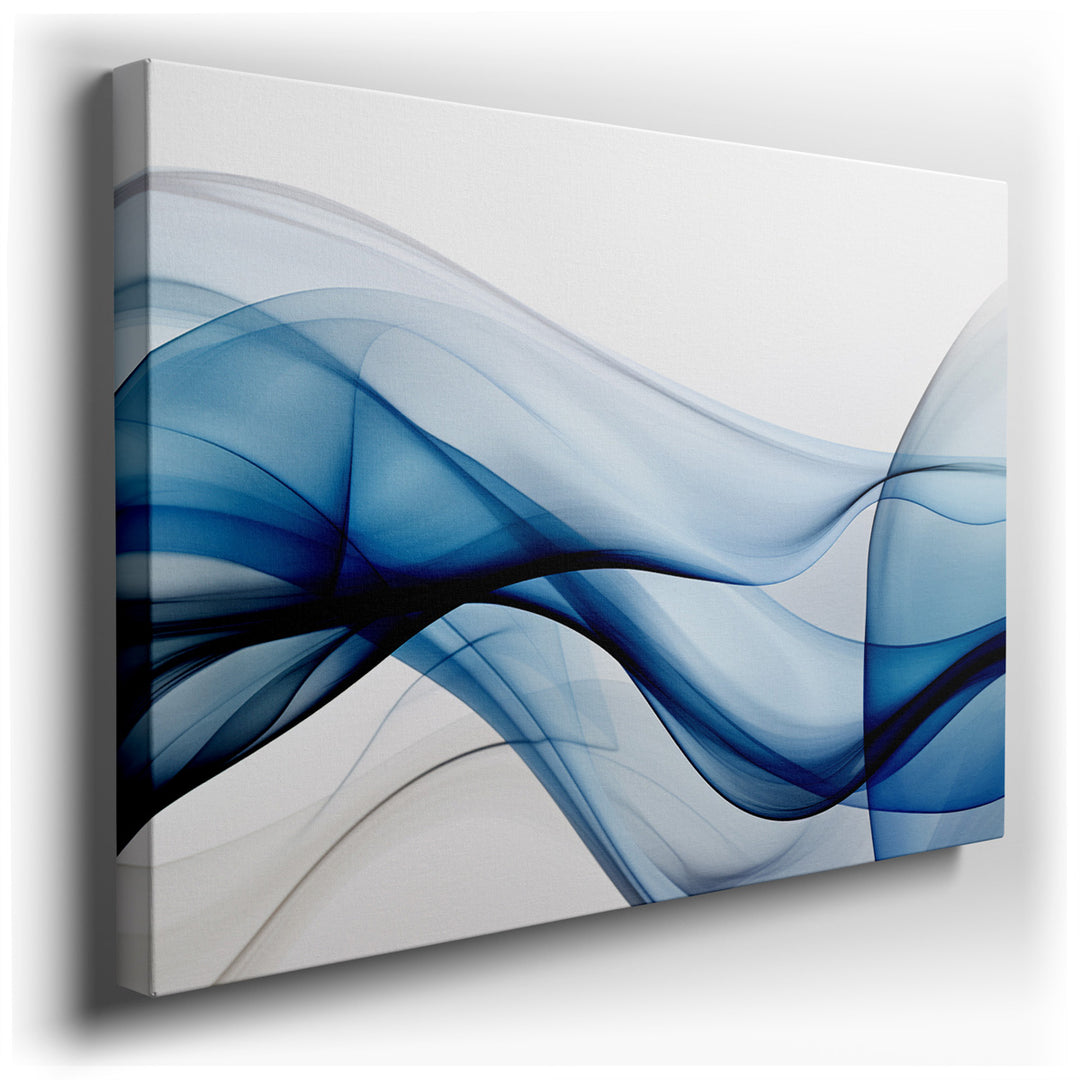 canvas print on wrapped canvas for wall decor – This wall art, an exquisite representation of abstract art, features elegant fluid blue waves that gracefully traverse t...