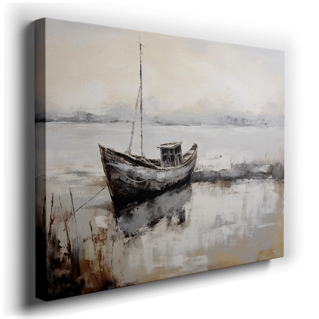 canvas print on wrapped canvas for wall decor – The wall art captures a serene and introspective scene, where a solitary boat rests gently on the mirror-like surface of...