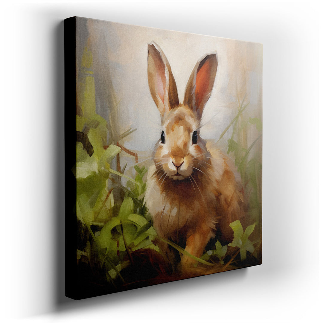 canvas print on wrapped canvas for wall decor – This enchanting wall art captures the serene essence of a charming brown rabbit nestled comfortably in its natural habit...
