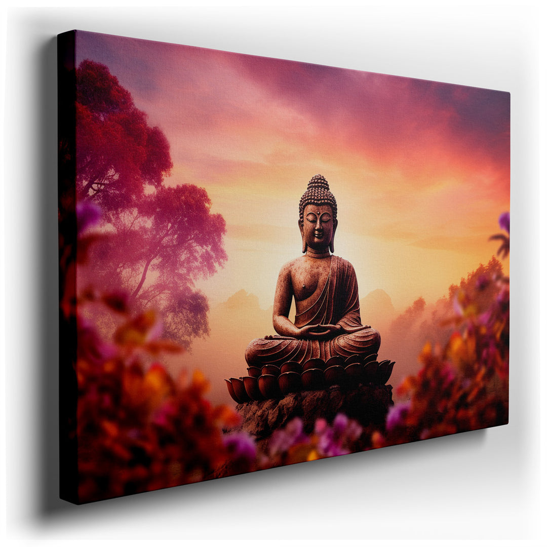 canvas print on wrapped canvas for wall decor – This exquisite wall art captures the serene image of a humble Buddha statue, nestled amidst a burst of vibrant blossoms,...