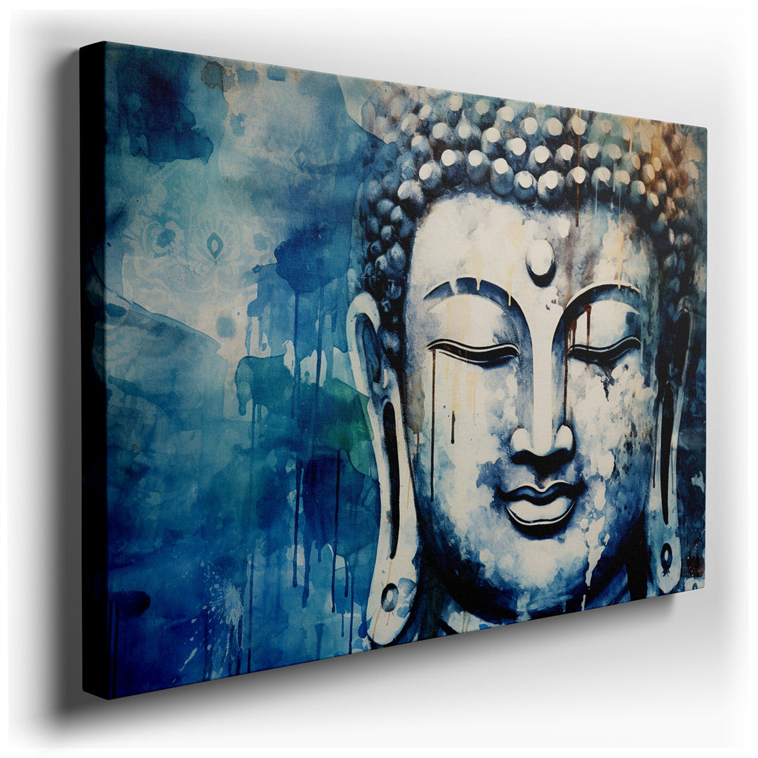 canvas print on wrapped canvas for wall decor – This exquisite portrait of Buddha, masterfully rendered with a palette dominated by soothing blue hues, embodies a profo...