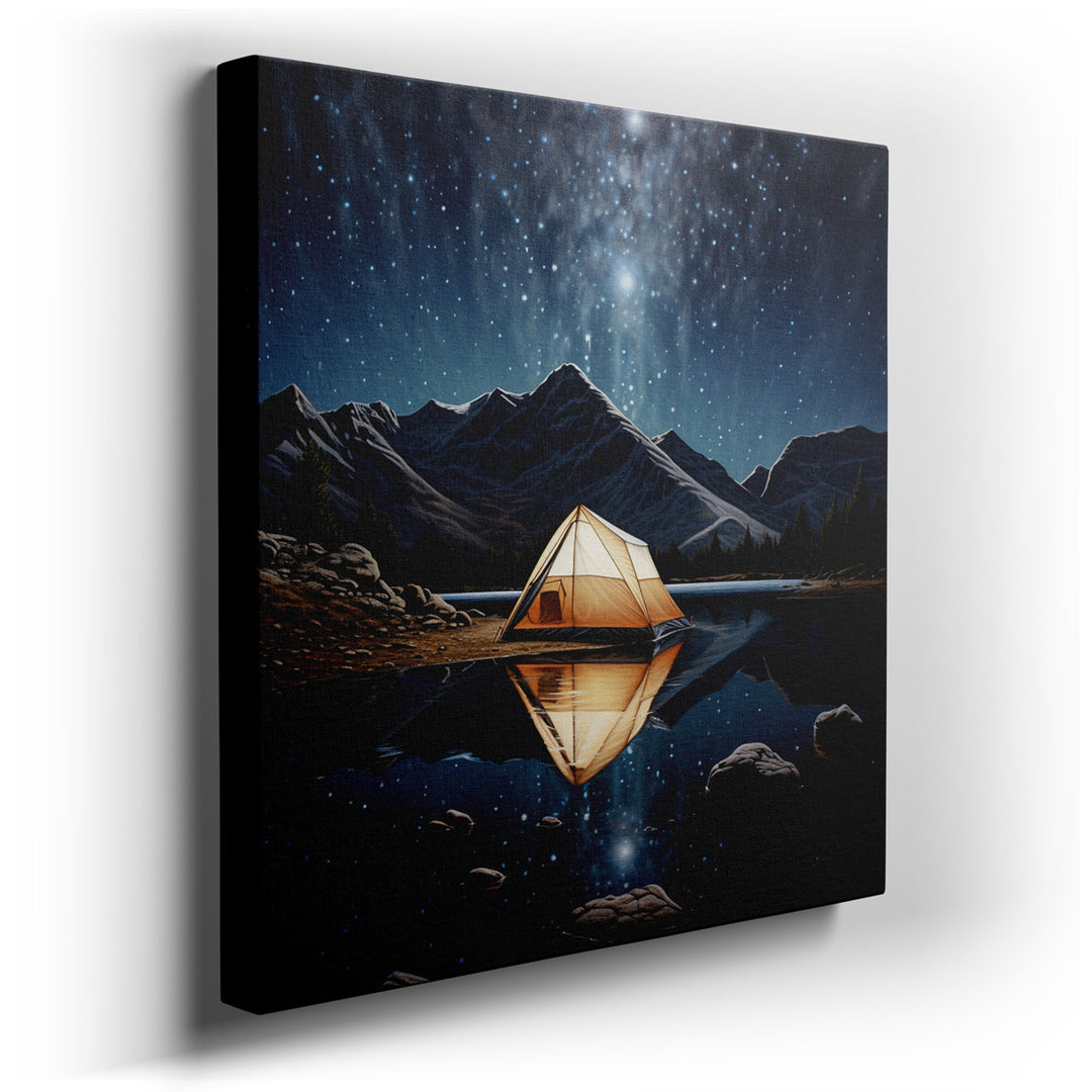 canvas print on wrapped canvas for wall decor – This wall art captures a serene and evocative scene of a camping site, set by the tranquil shores of a still lake, which...