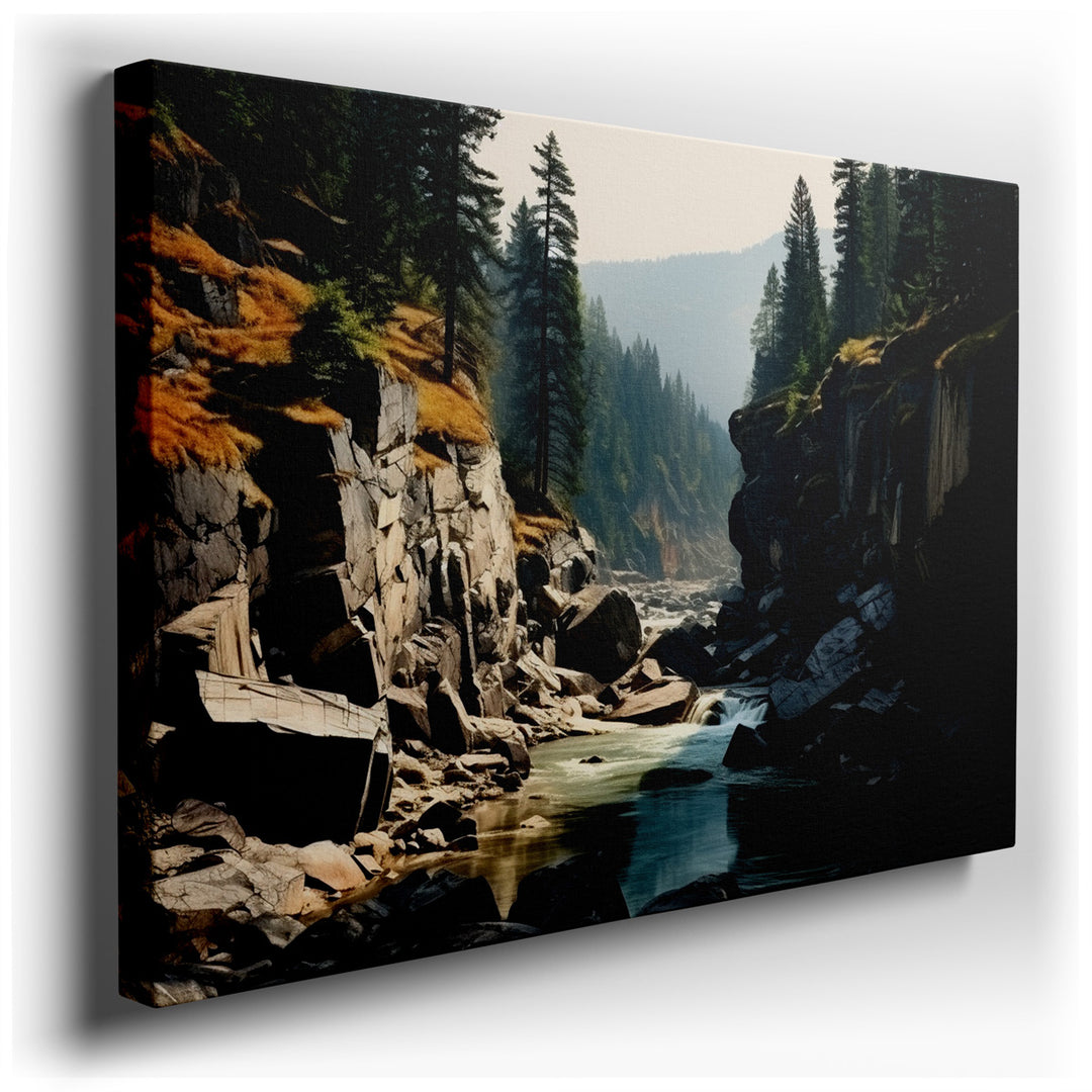 canvas print on wrapped canvas for wall decor – This wall art captures a majestic canyon landscape, where a serene river meanders through towering rocky formations, cre...