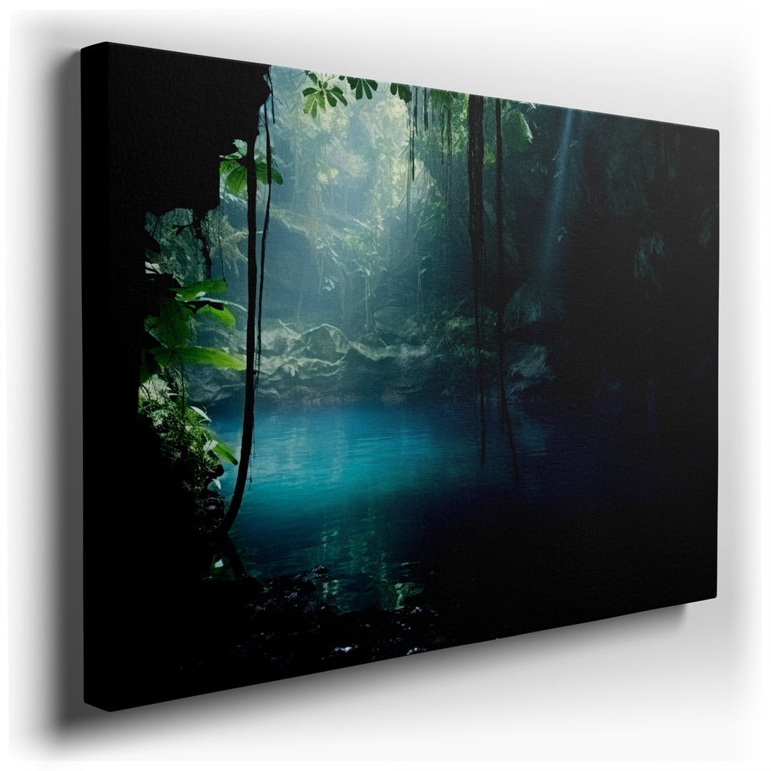 canvas print on wrapped canvas for wall decor – This wall art, a masterful depiction of a hidden cave pool, is an exquisite representation of nature's serene and seclud...