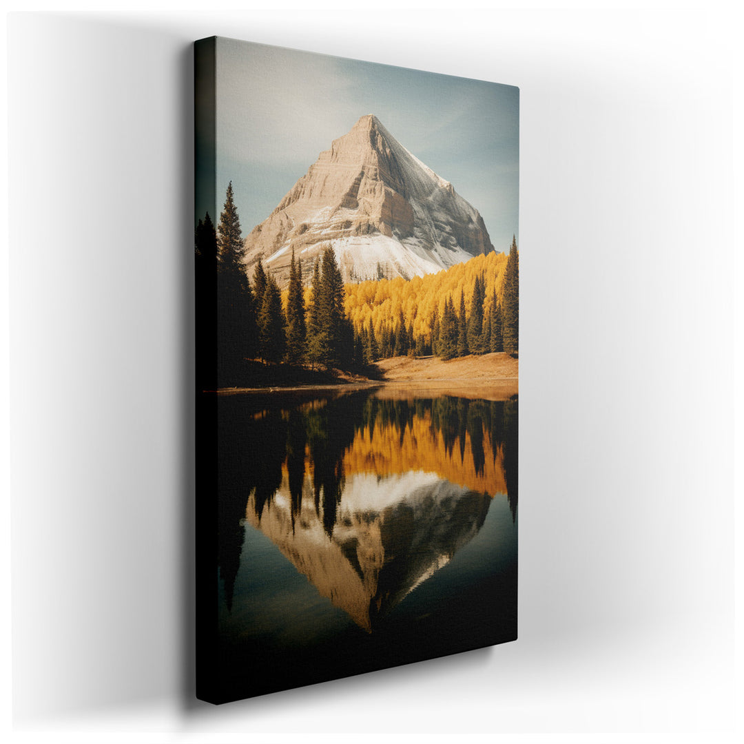 canvas print on wrapped canvas for wall decor – This exquisite wall art captures the serene beauty of a majestic cliffside mountain towering over a tranquil lake, envel...