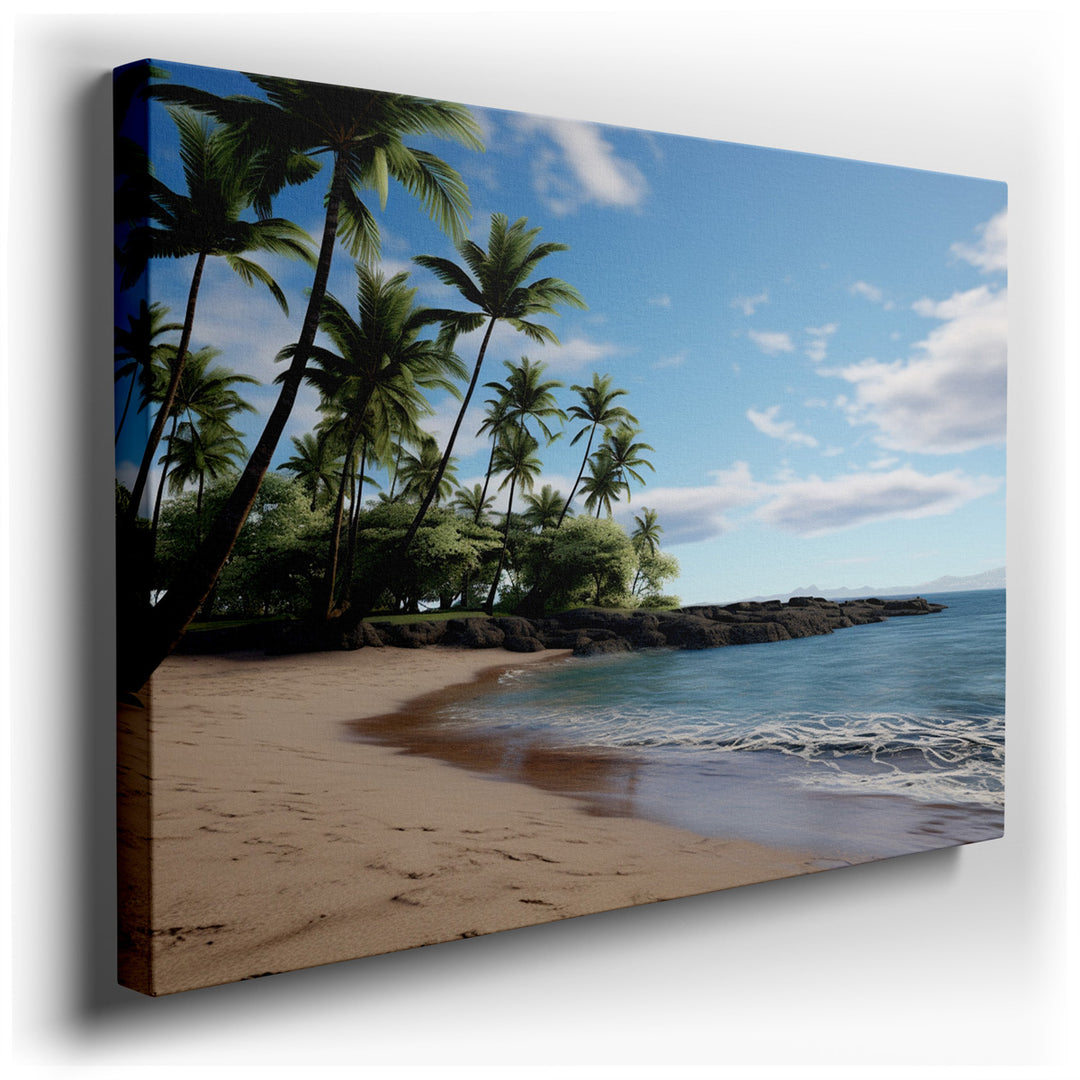canvas print on wrapped canvas for wall decor – This exquisite wall art captures the essence of a serene coastal beach scene, where the gentle sway of palm trees and th...