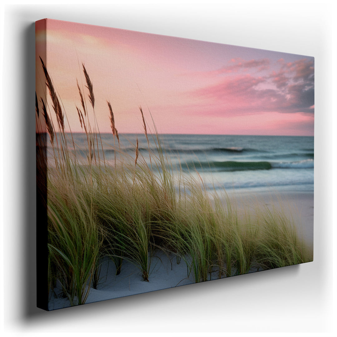 canvas print on wrapped canvas for wall decor – Imagine a wall art that captures the essence of a serene evening by the coast, where the gentle sway of coastal grasses...
